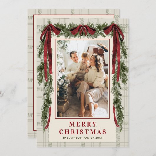 Funky Velvet Christmas Boho Red Bow 5 Photo シーズンカード (正面/裏面)