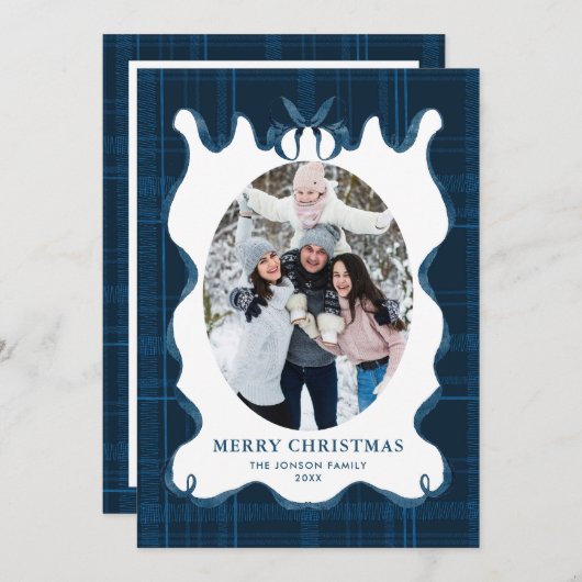 Funky Vintage Christmas Blue Bow Coquette5 Photo シーズンカード (正面/裏面)
