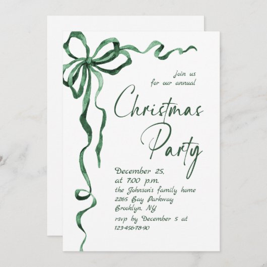 Funky Whimsical Christmas Green Bow Holiday Party 招待状 (正面/裏面)