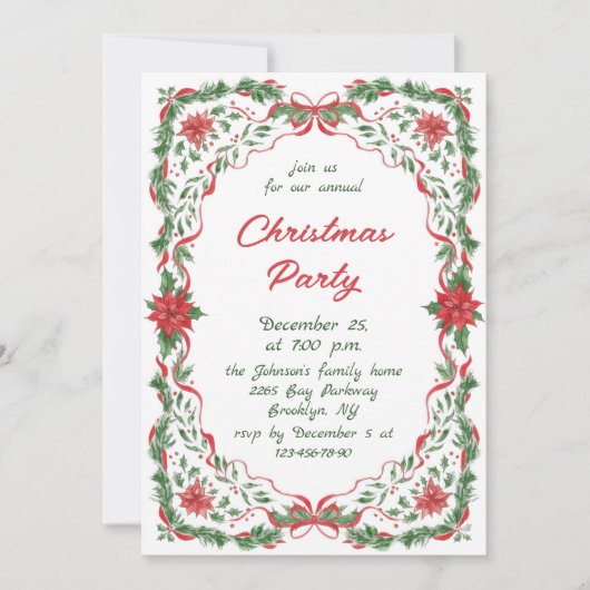 Funky Whimsical Christmas Red Bow Holiday Party 招待状 (正面)