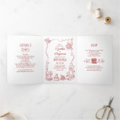 Funky Whimsical Doodles Modern Red Wedding Photo 三つ折り招待状 (内部)