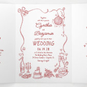 Funky Whimsical Doodles Modern Red Wedding Photo 三つ折り招待状 (内部中)