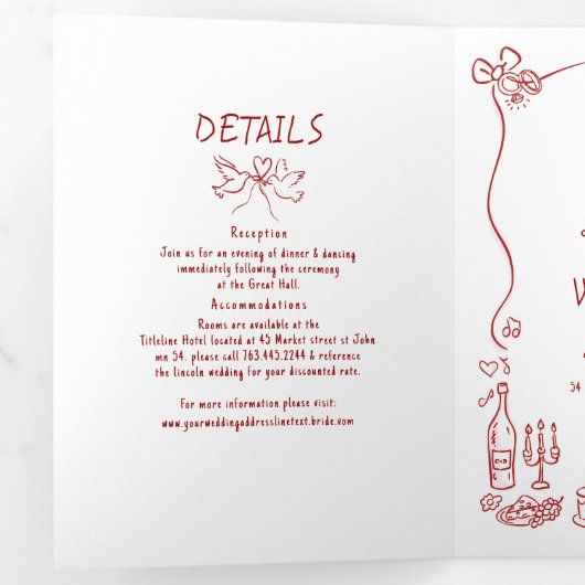 Funky Whimsical Doodles Modern Red Wedding Photo 三つ折り招待状 (内部最初)