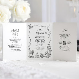 Funky Whimsical Doodles Modern Wedding Photo 三つ折り招待状