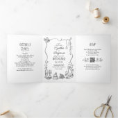 Funky Whimsical Doodles Modern Wedding Photo 三つ折り招待状 (内部)