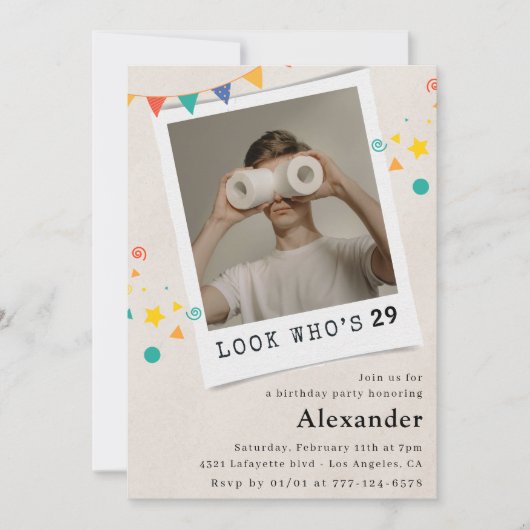 Funny 29th birthday invitations Men Fun Photo 招待状 (正面)