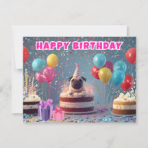 Funny 3D Pug Birthday Card | Cute Dog Party 