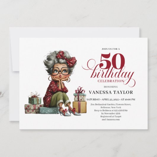 Funny 50th Birthday Invitation Quirky Old Lady Par 招待状 (正面)