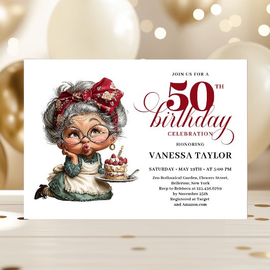Funny 50th birthday woman whimsical party card 招待状