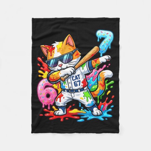 Funny 67 Baseball Dabbing Cat 6 7 Dripng Ice Cream フリースブランケット (正面)