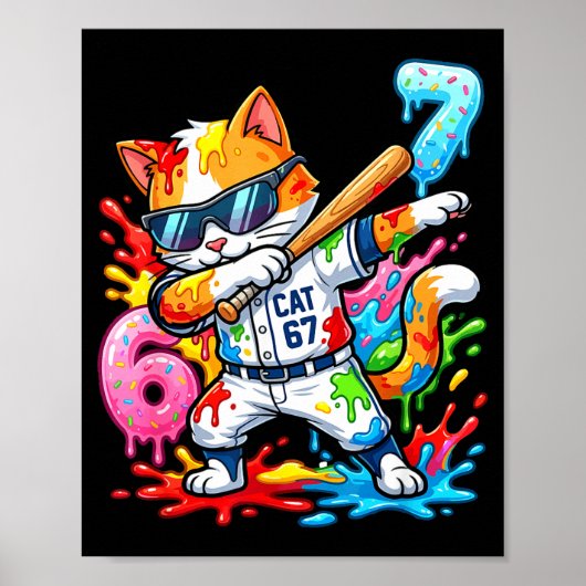 Funny 67 Baseball Dabbing Cat 6 7 Dripng Ice Cream ポスター (正面)