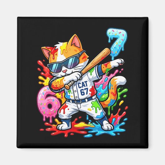Funny 67 Baseball Dabbing Cat 6 7 Dripng Ice Cream マグネット (正面)