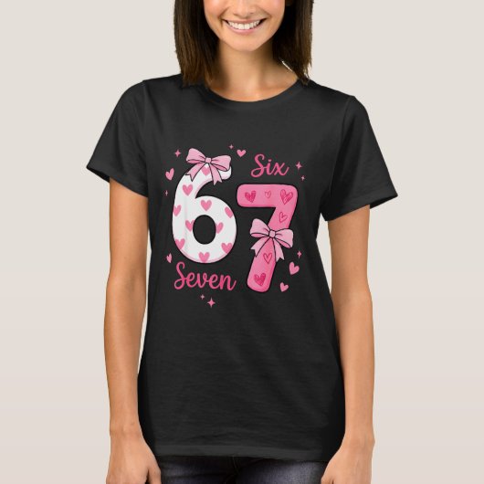 Funny 67 Cute Six Seven Meme Nk Hearts Bow Valenti Tシャツ (正面)
