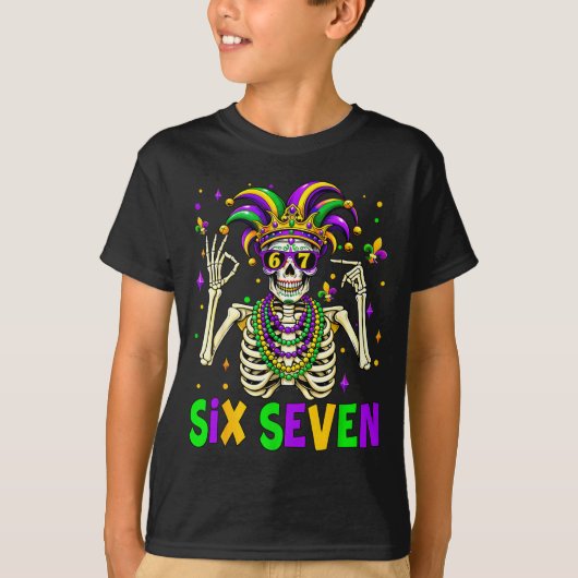 Funny 67 Mardi Gras Skeleton 6 7 Meme Mask Beads S Tシャツ (正面)