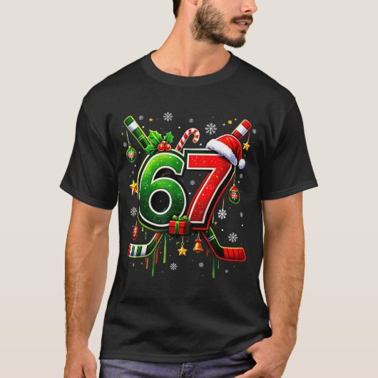 Funny 67 Six Seven Christmas Ice Hockey  Tシャツ (正面)