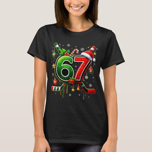 Funny 67 Six Seven Christmas Ice Hockey  Tシャツ (正面)