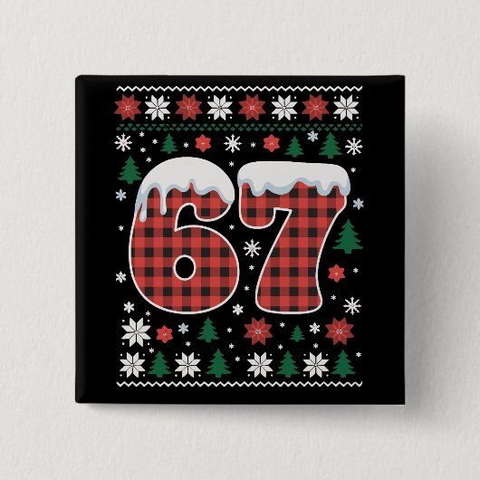 Funny 67 Six Seven Meme Cringe Christmas Red Plaid 缶バッジ (正面)