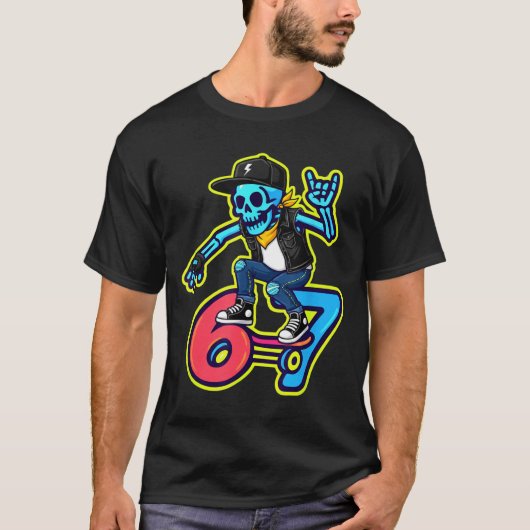 Funny 67 Skeleton Skater Meme Retro Skateboarding  Tシャツ (正面)