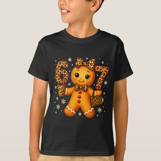 Funny 6 7 Christmas Leopard Bow Gingerbread Girls  Tシャツ (正面)