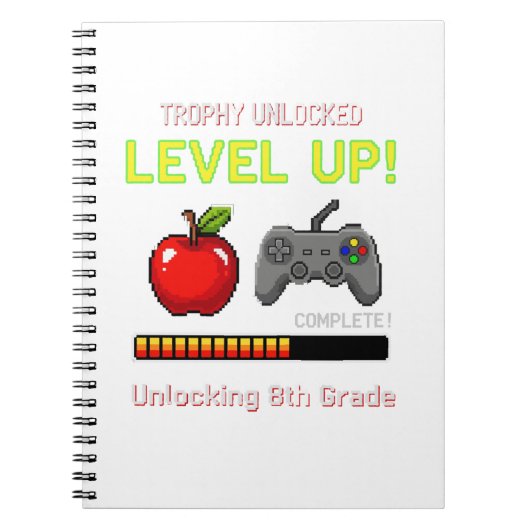 Funny 8th Grade Level Up Gamer | Trophy Unlocked  ノートブック (正面)