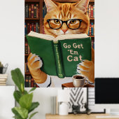 Funny Adorable Reading Cat Art Coffee Tabby Cat ポスター (ホームオフィス)