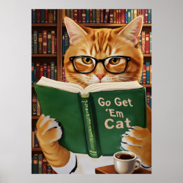 Funny Adorable Reading Cat Art Coffee Tabby Cat ポスター