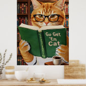 Funny Adorable Reading Cat Art Coffee Tabby Cat ポスター (キッチン)