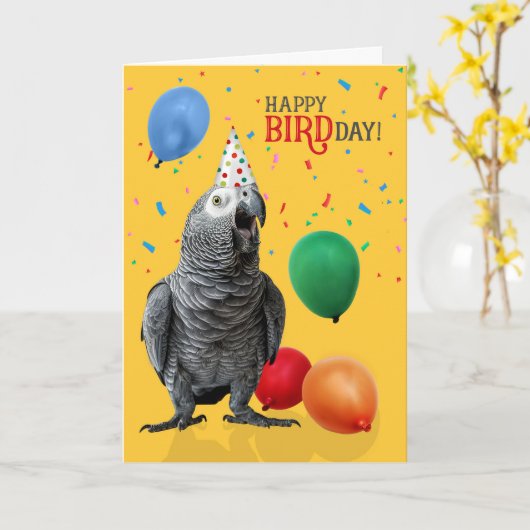 Funny African Grey Parrot Birthday Humor カード (黄色い花)