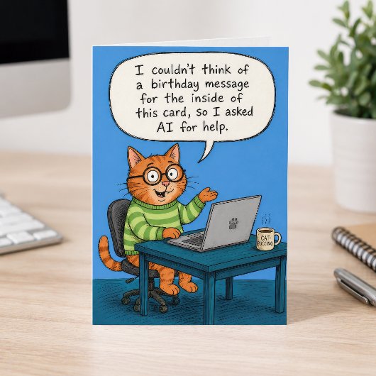 Funny AI Birthday Message Orange Cat Cartoon カード