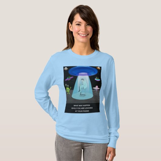 Funny Alien Abduction Phone Distraction Sci-Fi Hum Tシャツ (正面フル)