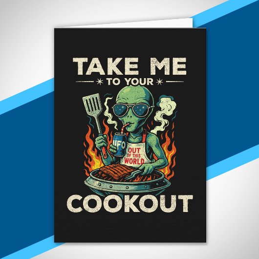 Funny Alien BBQ Cookout Retro UFO Space Grilling カード