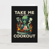 Funny Alien BBQ Cookout Retro UFO Space Grilling カード (正面)