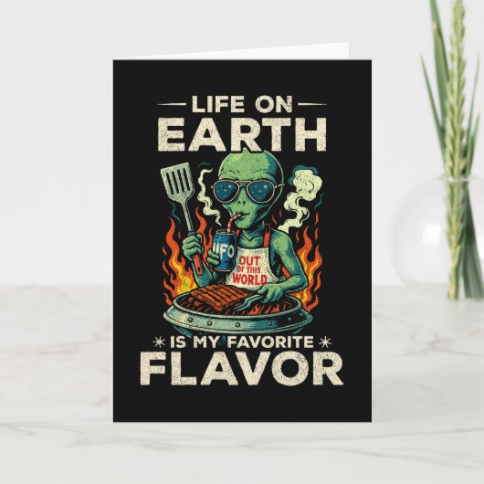 Funny Alien BBQ Illustration Retro Sci Fi Grilling カード (正面)