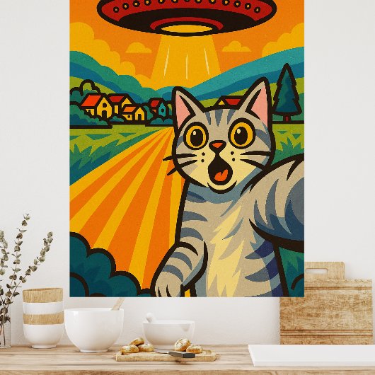 Funny Alien Cat UFO Abduction Cat Retro Pop Art ポスター (キッチン)