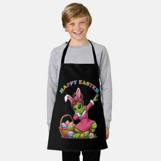 Funny Alien Easter Bunny Dabbing Cute Easter Egg エプロン (着用した状態)