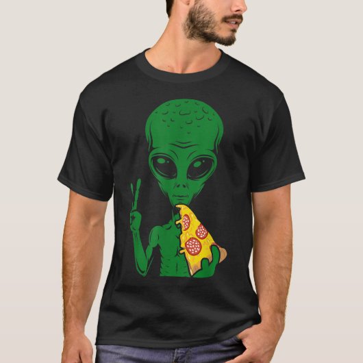 Funny Alien Eating Pizza Design Tシャツ (正面)