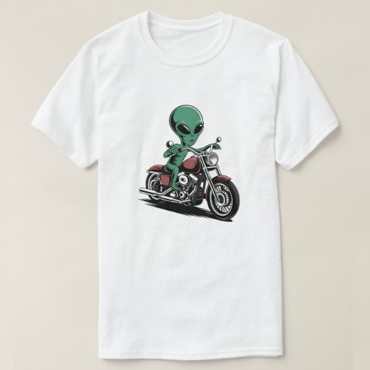 Funny Alien Riding Motorcycle Tシャツ (デザイン正面)
