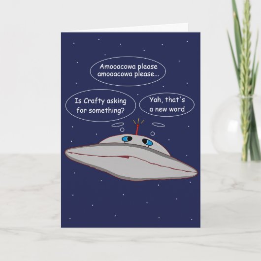 Funny Alien Spaceship Comic Crafty Word in Space カード (正面)