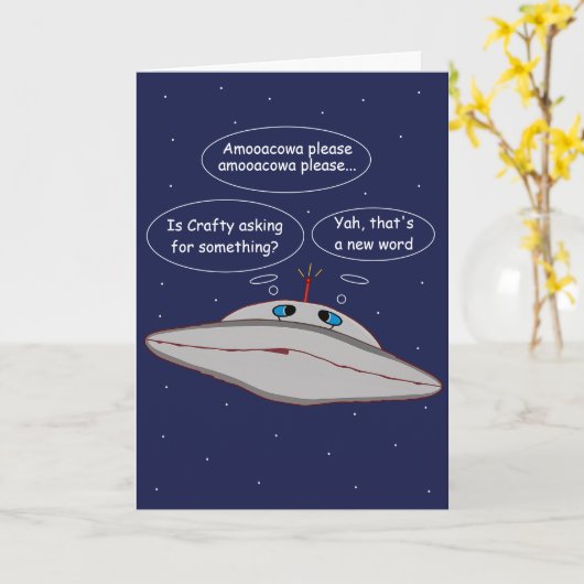 Funny Alien Spaceship Comic Crafty Word in Space カード (黄色い花)