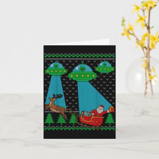Funny Alien Ufo Santa Sleigh Ugly Christmas Sweate カード (黄色い花)