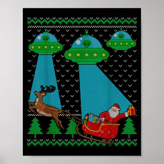 Funny Alien Ufo Santa Sleigh Ugly Christmas Sweate ポスター (正面)
