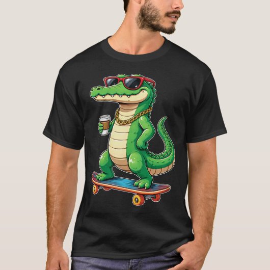 Funny Alligator Skateboard Cool Crocodile Coffee Tシャツ (正面)