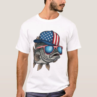 Funny American Big Fish Wearing Flag Cap Fishing Tシャツ