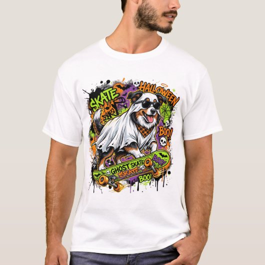 Funny American Shepherd Ghost Skateboard Halloween Tシャツ (正面)