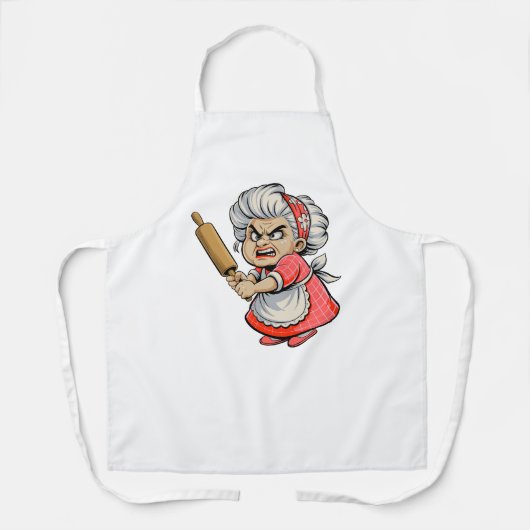 Funny Angry Old Lady with Rolling Pin Cartoon Art エプロン (正面)