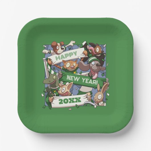 Funny Animals Add The New Year Sports Fans Cartoon ペーパープレート (正面)