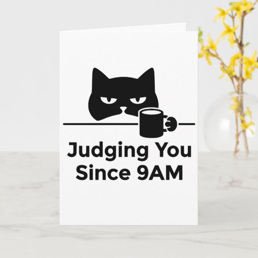 funny animals cat cafe Judging You Since 9AM カード (黄色い花)