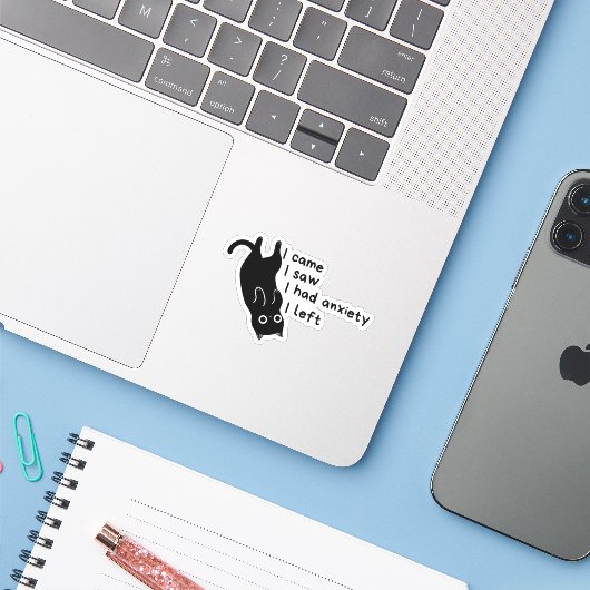 Funny Anxiety Cat Sticker – Introvert シール (ノートパソコンとiPhone)