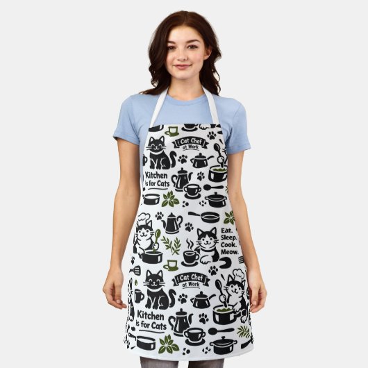 Funny Apron for Cat Lovers Black and White Pattern エプロン (着用した状態)