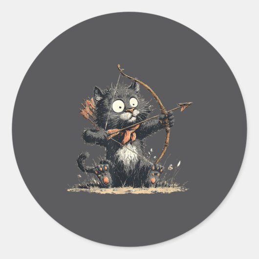Funny Archer Cat With Bow And Arrow Graphic Costum ラウンドシール (正面)